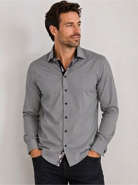 Au Noir Men’s Gray Micro Check Button-Up Dress Shirt | Contrast Floral Trim